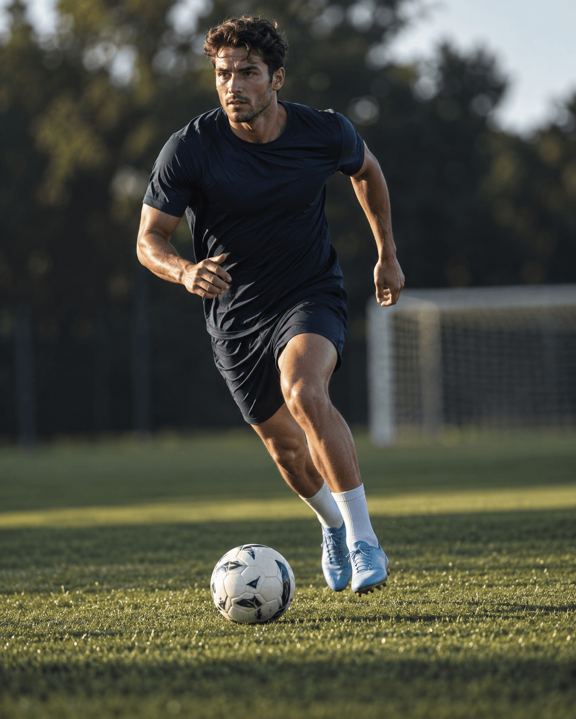 Çim sahada topla hızlanan futbolcu — yapay zekâyla oluşturulmuş tanıtım görseli